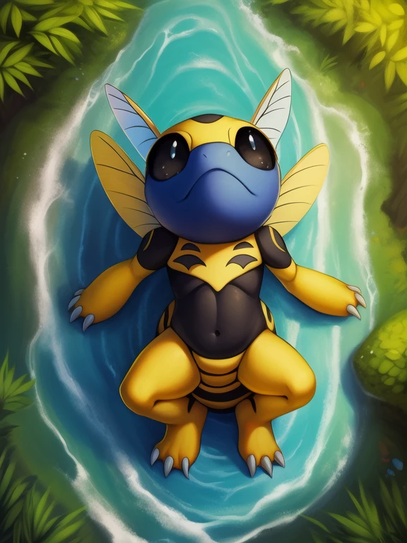 <lora:HoneybeemonDXWYif:1> HoneybeemonDXW, bee, insect, insect wings, black sclera, black eyes, anthro, white claws, (chibi, small body, ) black belly, ((blue face,)) red sting head, prankster
Looks at the viewer, [ solo, nature, forest, day, clouds, waterfall,  ,]((laying down, high-angle view,))
beautiful, aesthetic, perfect, delicate, intricate, saturated colors, masterpiece, digital drawing, best quality,
by Iskra, by Castitas, by Honovy, by Bonifasko