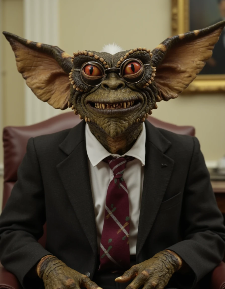 photo realistic, JDGremlin creature,wearing glasses and business suit, sitting in oval office <lora:JDGremlin_Flux_v1:1.3>