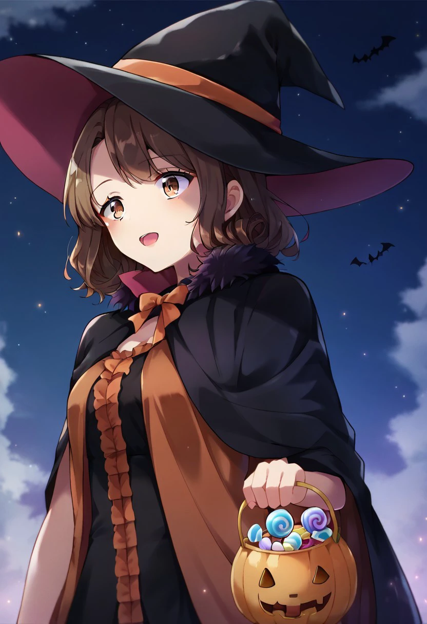 score_9, score_8, score_7, source_anime, trick or treat, black headwear, outdoors, frills, sky, night sky, swirl lollipop, brown hair, cape, witch, bat (animal)