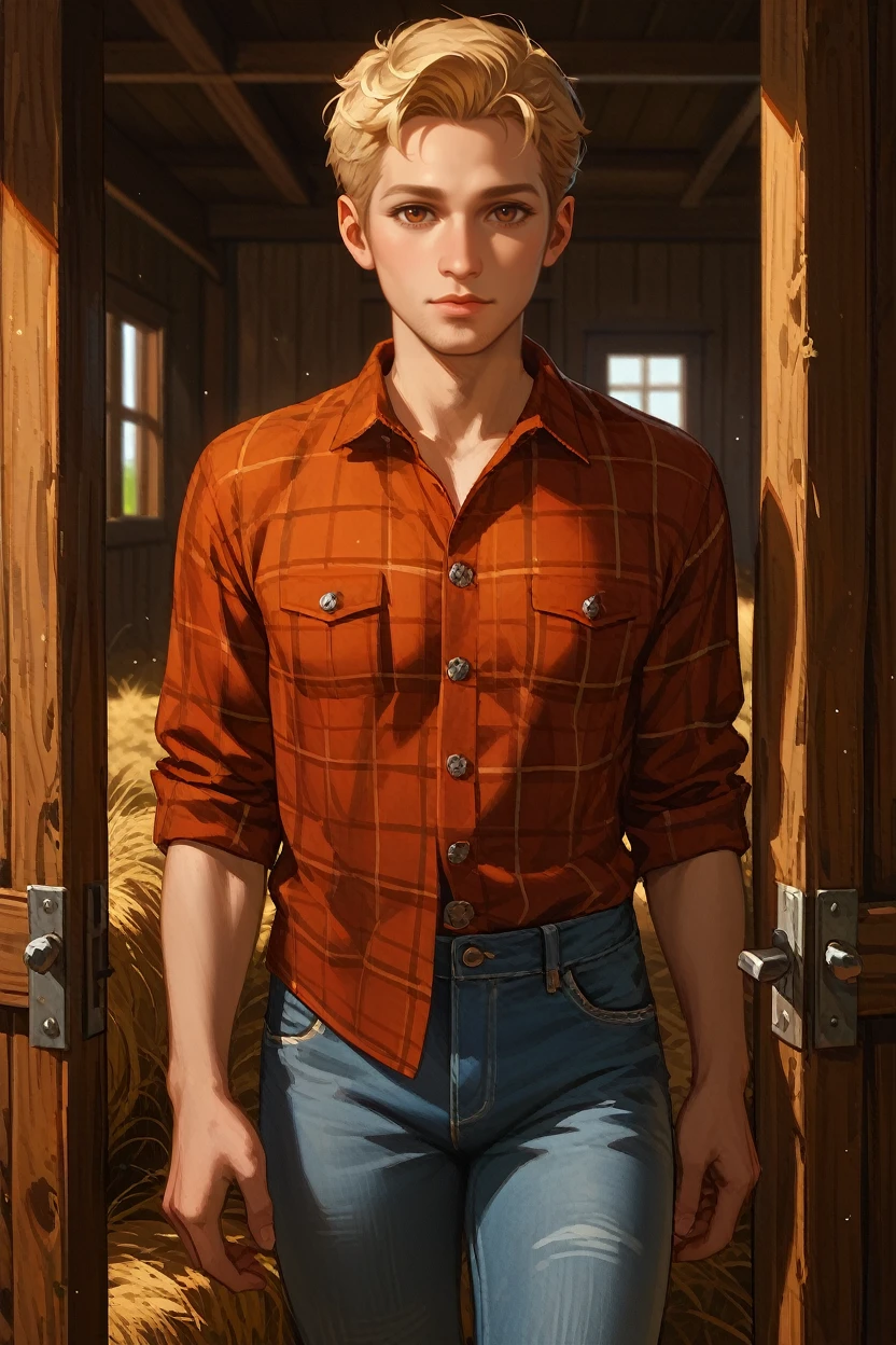 score_9, score_8_up, score_7_up,
<lora:DAAlistair:0.8>
DAAlistair, 1boy, short hair, brown eyes, blonde hair, looking at viewer, leaning against a rustic barn door, wearing a flannel shirt and jeans, golden fields in the background, late afternoon light, warm and inviting mood