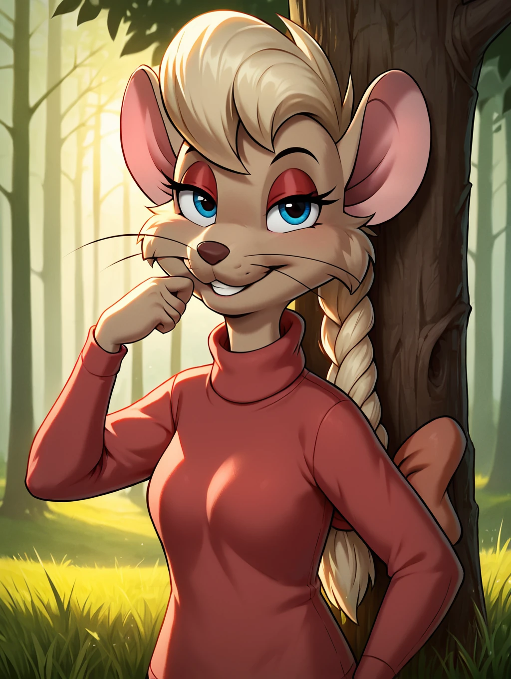 score_9, score_8_up, score_7_up, ultra high quality,ultra high resolution,ultra ,full body, seductive,  detailed background,forest background,standing,trees,grassy path,high detailed face,seductive smile,half-closed eyes,<lora:Jenny_Mcbride_from_Nimh_2:0.86> jenny_mcbride, mouse, mouse girl, blonde hair, braided ponytail, turtleneck sweater, long eyelashes, red sweater, light brown fur, blue eyes, whiskers  ,solo,single,1girl,seductive smile,looking at viewer,slightly parted lips, ,teeth,perfect mouth,flirting,flirting with viewer,blue eyes,hips crooked,large hair ribbon,medium breasts,looking back,from behind,leaning against tree,upper body,red ribbon,large ribbon,red eyeshadow,