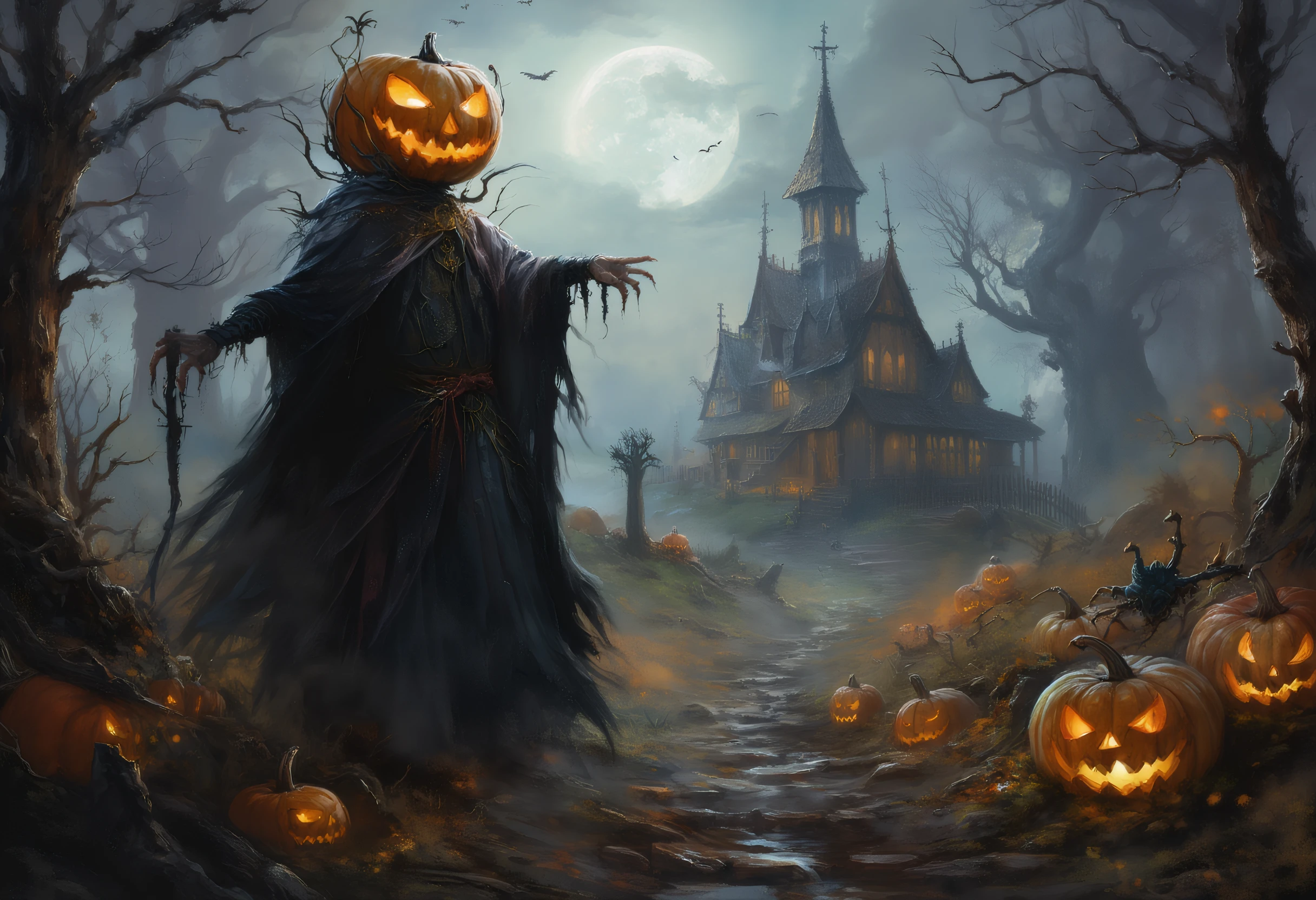 halloweenlandscape, an old sorcerer having a halloween pumpkin as head