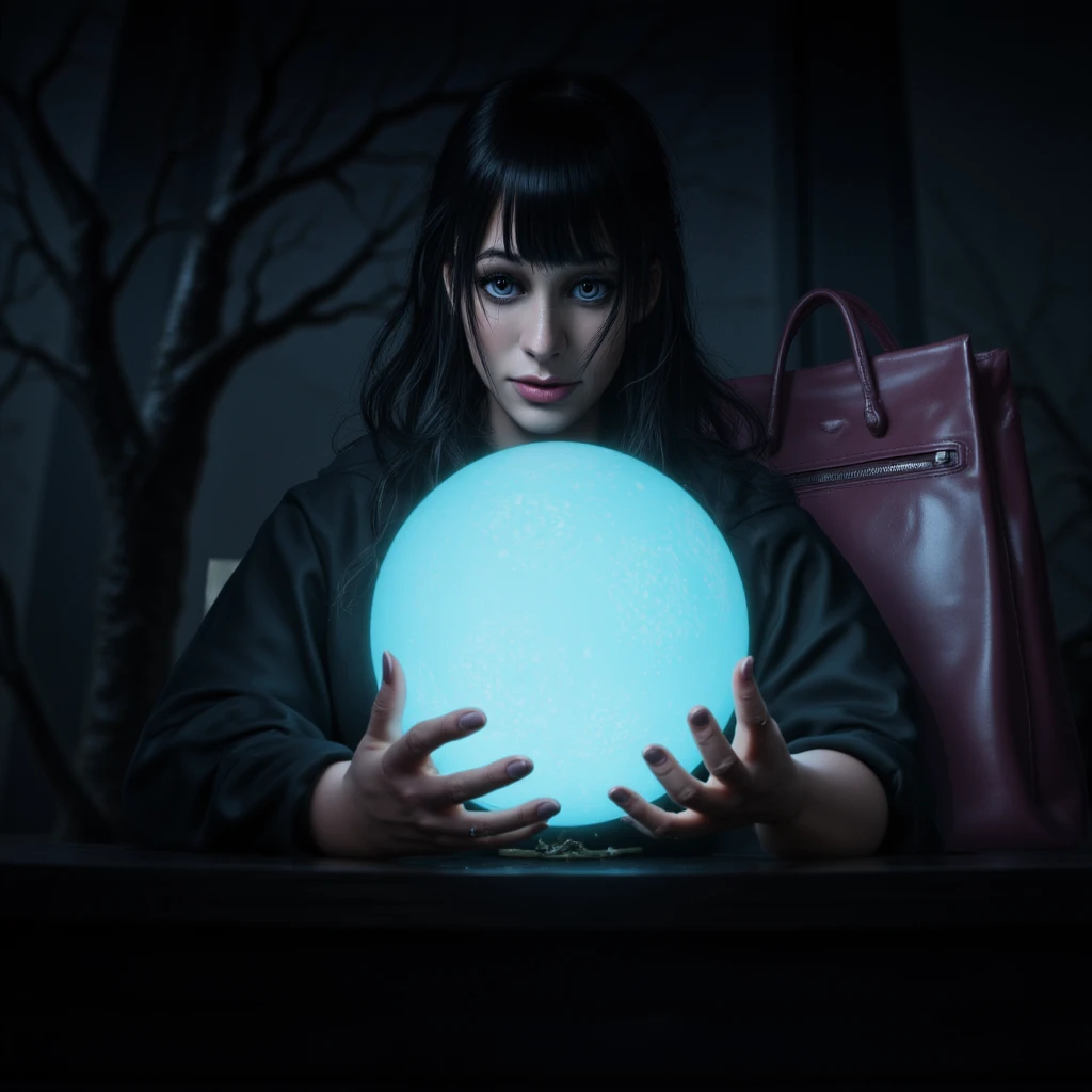 cinematic film still of  <lora:Goosebumps style v1:0.9>
In a fictional dark fantasy world a wicked wet woman holding a crystal ball in her hands in heavy rain in dark,1girl,solo,looking at viewer,blue eyes,black hair,1boy,male focus,signature,bag,nail polish,dated,makeup,rain , dramatic light, horror themed, cinematic, Goosebumps style, shallow depth of field, vignette, highly detailed, high budget, bokeh, cinemascope, moody, epic, gorgeous, film grain, grainy