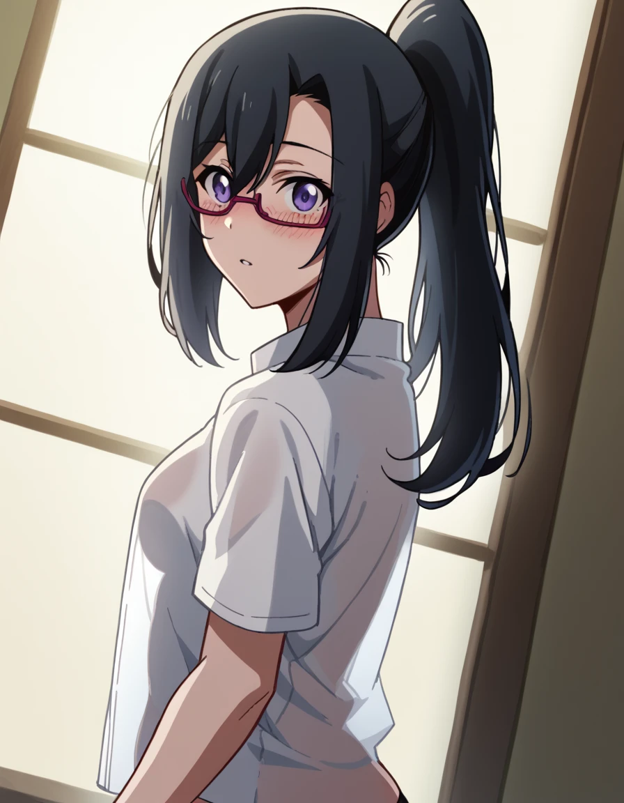 score_9, score_8_up, score_7_up, source_anime, <lora:riko-izumi-s1-ponyxl-lora-nochekaiser:1>, riko izumi, black hair, purple eyes, ponytail, glasses, semi-rimless eyewear, sidelocks, hair between eyes, medium breasts,, <lora:see-through-silhouette-ponyxl-lora-nochekaiser:1>, see-through silhouette, naked shirt, white shirt,, from side, looking at viewer, blush, parted lips, panties, black panties, ass, no bra,, , dutch angle, cowboy shot