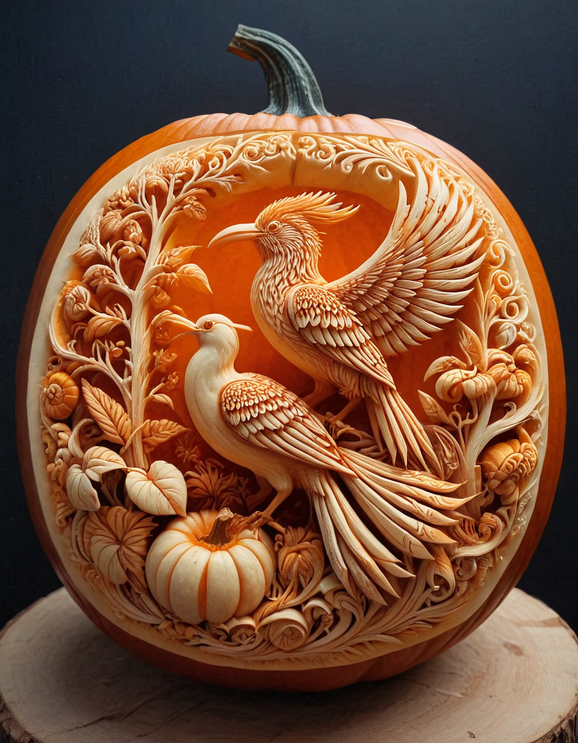 pumpkarv, carved pumpkin art of a paradise bird