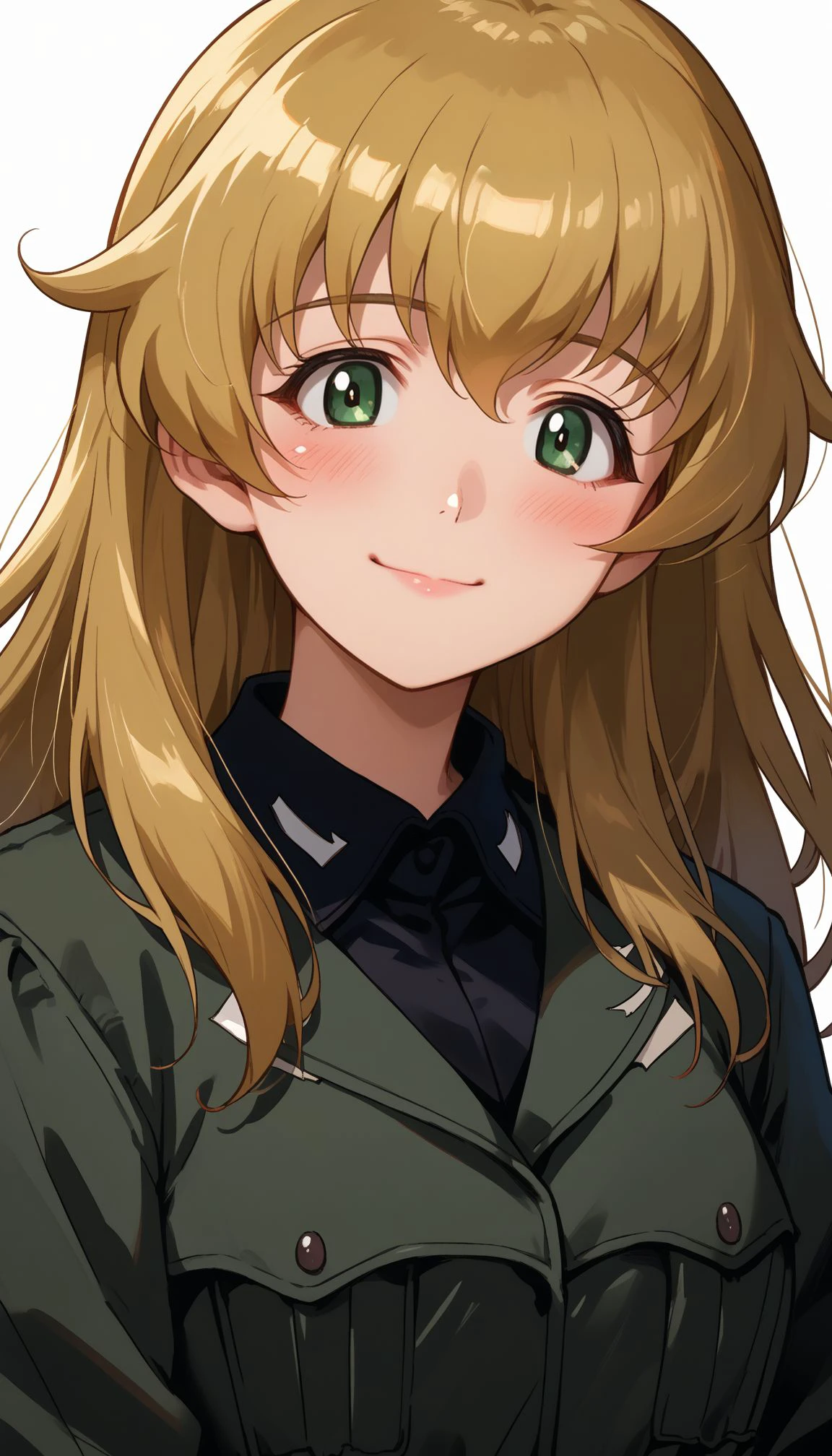 score_9, score_8_up, score_7_up, source_anime,
 <lora:GUPCarpaccio:1>, BCarpaccio, carpaccio (girls und panzer), 1girl, dated, long hair, green eyes, smile, grey jacket, blonde hair, white background, closed mouth, simple background, looking at viewer, signature, portrait, black shirt, anzio military uniform, artist name, wing collar, blush