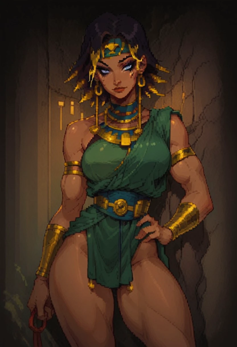 score_9, score_8_up, score_7_up, BREAK, 1woman, beautiful, dramatic lights ((NinhDeathmustdie, Ninhearthgoddes, dark skinned female, egyptian, egyptian women, multi colored hair, muscular, muscular female, thick thighs, blue eyes, egyptian makeup, makeup, eyeshadow, green toga, holding rock, rock, rock club, 1 girl, solo headband, multicolored hair, earrings, hand on hip))
1 boy, f3md0m_p0v_l345h, leash, viewer wearing a leash held by girl, full continuous single leash from viewer to girl's hand