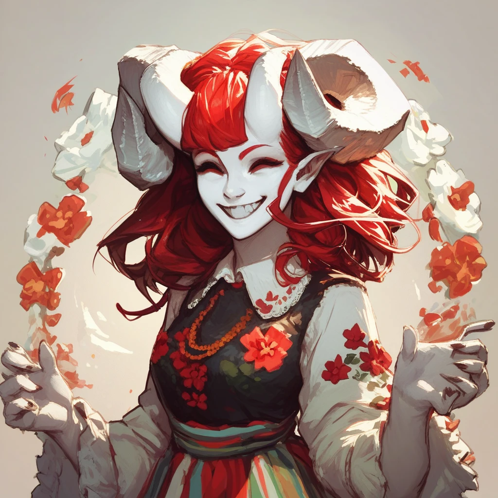 score_9, score_8_up, score_7_up, <lora:PolishDress:1> 1 girl, demon girl, white skin, white colored skin, horns, red hair, smile, happy, tradpolishdress, traditional clothes, floral print, skirt,