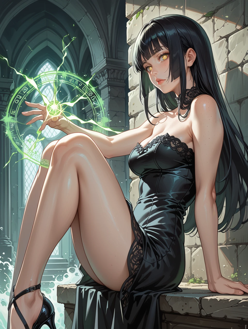 score_9, score_8_up, score_7_up,source_anime, 
 1girl, solo, looking at viewer, close up, outside, magic wind, magic wave, (glowing spell casting:1.1), (spells:1.1), green magic, magical, fantastical, glowing, bright colors, (volumetric:1.1), , big pupils, freckles, pale skin, slender legs, thin waist, thick hips, posing, sensual pose, pin-up pose, erotic, from side, Long hair, hime cut, black hair, medium breasts, fit, perfect ass, yellow eyes, looking away, pinup pose, Mesh, Strapless, Midi Dress, Black Dress, bare shoulder, sleeveless, perfect lighting, (((sexy dynamic pose))), Casual girl sitting, She is looking down with a slightly bored expression on her face,marble walls, inside dark crypt, fantasy decor, side view,
