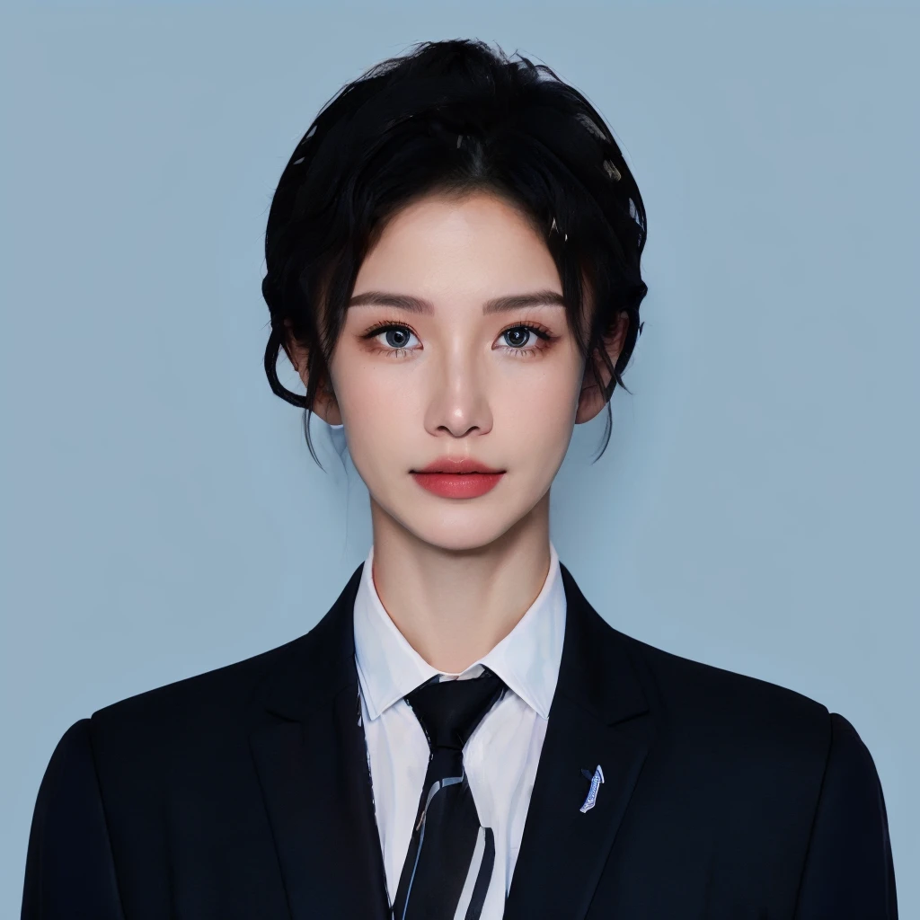 <lora:id photo:0.6>,blue id photo,1girl,necktie,solo,(((female faces))),black hair,black necktie,shirt,jacket,looking at viewer,(black jacket:1.3),formal,white shirt,collared shirt,(suit:1.2),upper body,(black suit:1.5),realistic,blue background,pure blue background,<lora:xiaolu1013:0.75>,