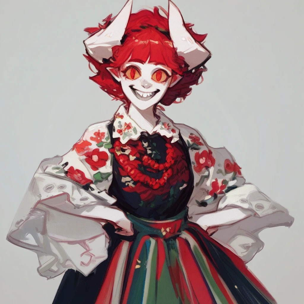 score_9, score_8_up, score_7_up, <lora:PolishDress:1> 1 girl, demon girl, white skin, white colored skin, horns, red hair, smile, happy, tradpolishdress, traditional clothes, floral print, skirt,