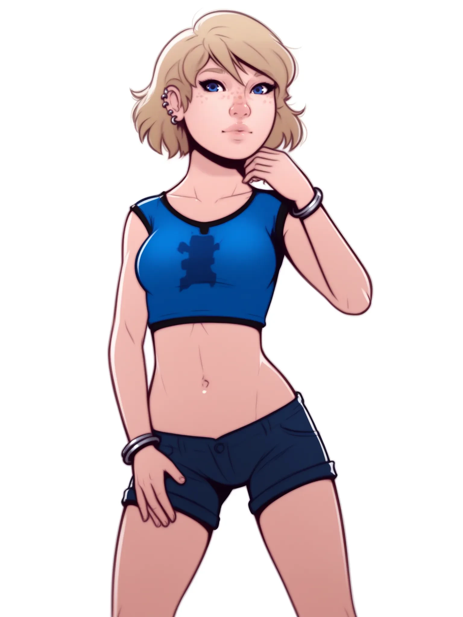 uncensored, score 9 up, score 8 up,
 <lora:[Dave Cheung] Extracurricular ArtistCG Art Style PonyXL:1>,jewelry, freckles, blue eyes, lips, hetero,navel, bracelet, earrings, blonde hair, medium breasts, short hair, ear piercing, 1girl, shirt, shorts, standing, looking at viewer,
