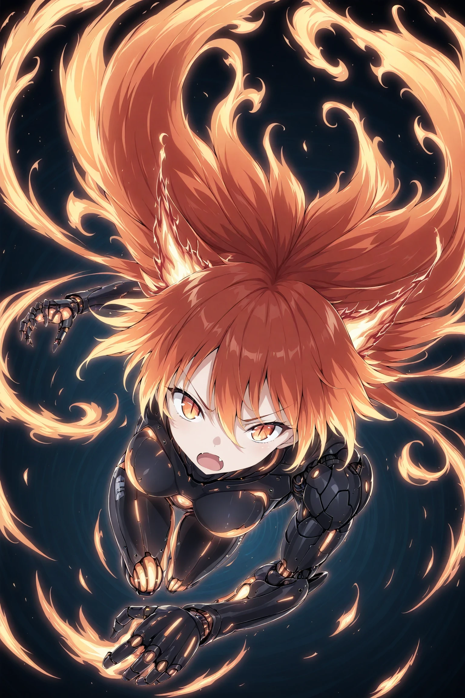 1girl, solo, dynamic angle, dynamic pose, fang, fiery hair, fire, floating clothes, floating hair, from above, frown, glowing, long hair, looking at viewer, mechanical arms, mechanical parts, midair, open mouth, orange eyes, orange hair, slit pupils, v-shaped eyebrows, very long hair, masterpiece, best quality