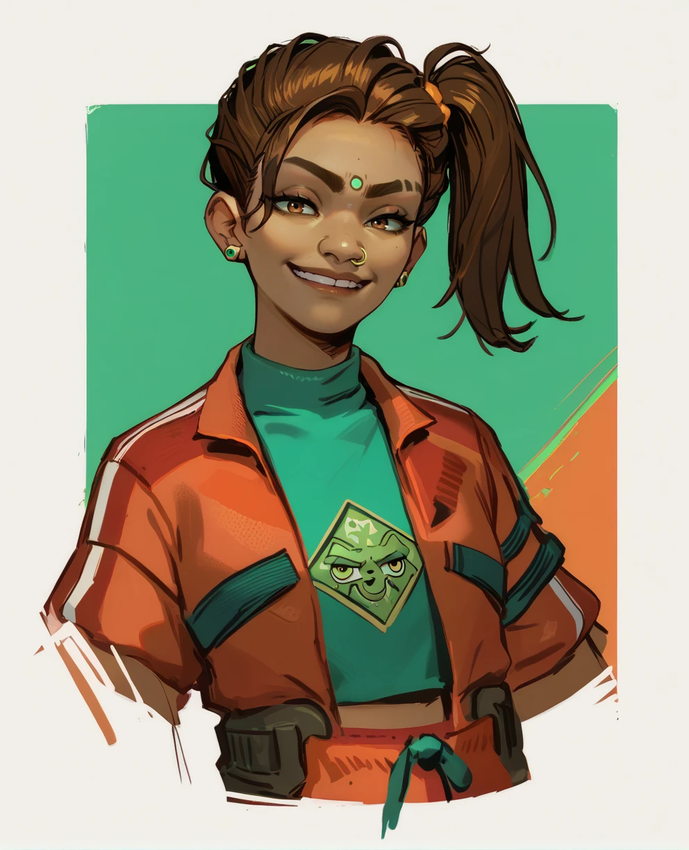 score_9,score_8_up,score_7_up,
Rampartxl,side ponytail,brown hair,green forehead mark,nose ring,earrings,
orange track pants,orange jacket,cropped green shirt,
solo,smug,
<lora:RampartXL:0.9>,