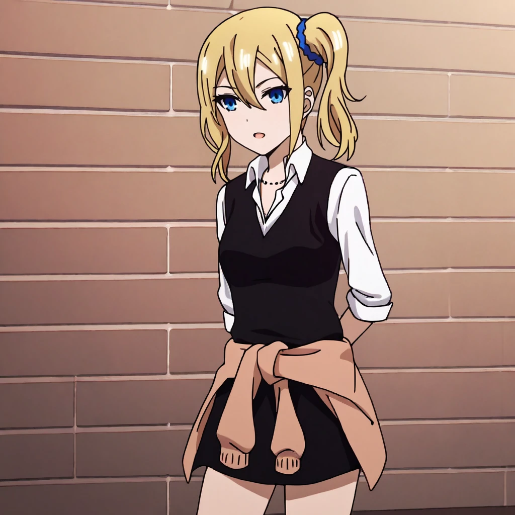 <lora:hayasakaai_pony_v1:.8>HayasakaSchool, 1girl, hayasaka ai, shuuchiin academy school uniform, blonde hair, blue eyes, hair scrunchie, side ponytail, hair ornament, hair between eyes, blue scrunchie, clothes around waist, jewelry, white shirt, necklace, blue nails, nail polish, collared shirt, sweater around waist, sidelocks, bangs, cardigan, long sleeves, vest, cowboy shot