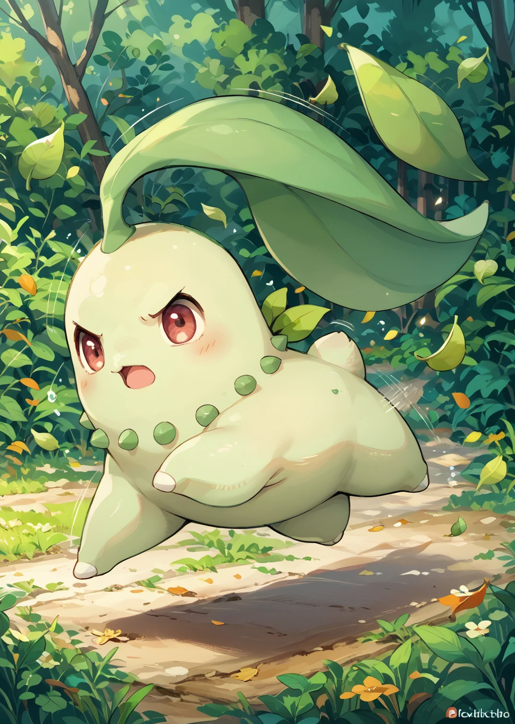 score_9, score_8_up, score_7_up, score_6_up, score_5_up, score_4_up, cute female furry feral chibi chikorita, jumping, dynamic pose, fighting, angry, motion lines, leaves, nature background, source_furry <lora:Chikorita:1> chikorita, pokemon (creature)