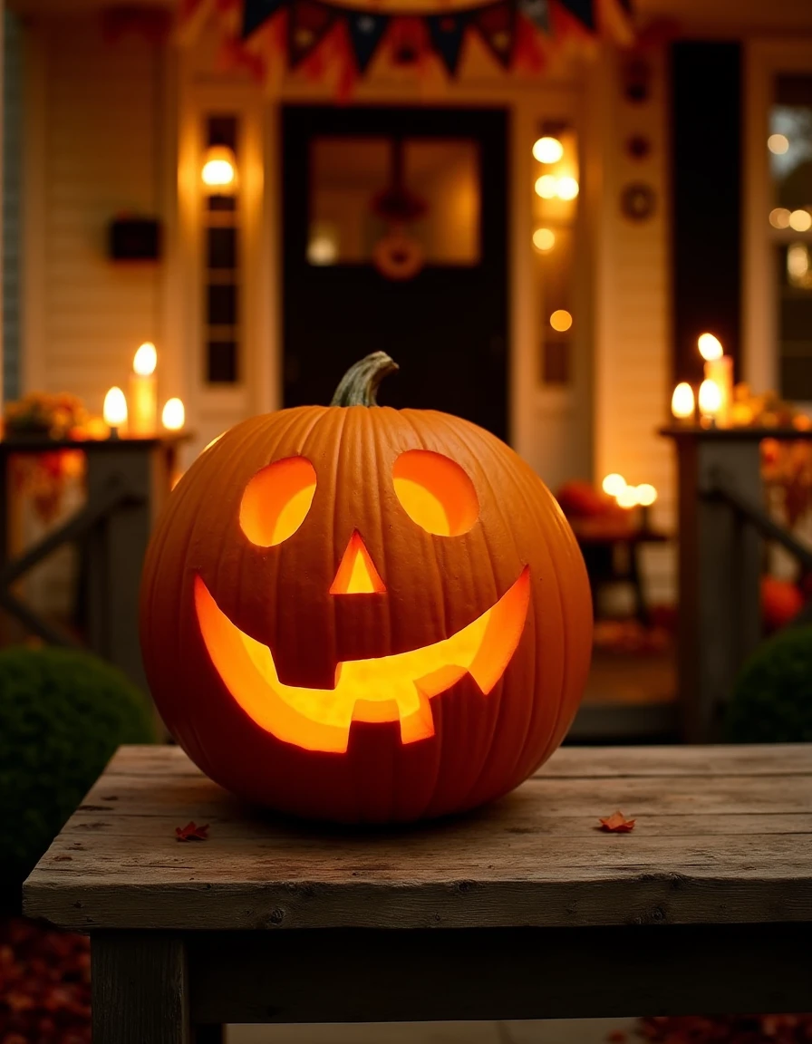 b4a a pumpkin with a face carved into it, sitting on an old wooden table. The face is detailed and lifelike, with a wide open mouth, two eyes, and a nose. The pumpkin is a bright natural orange color. In the background is a decorated Halloween house entrance a night, autumn leafs, burning candles around. <lora:b4a-pumpkins:1>