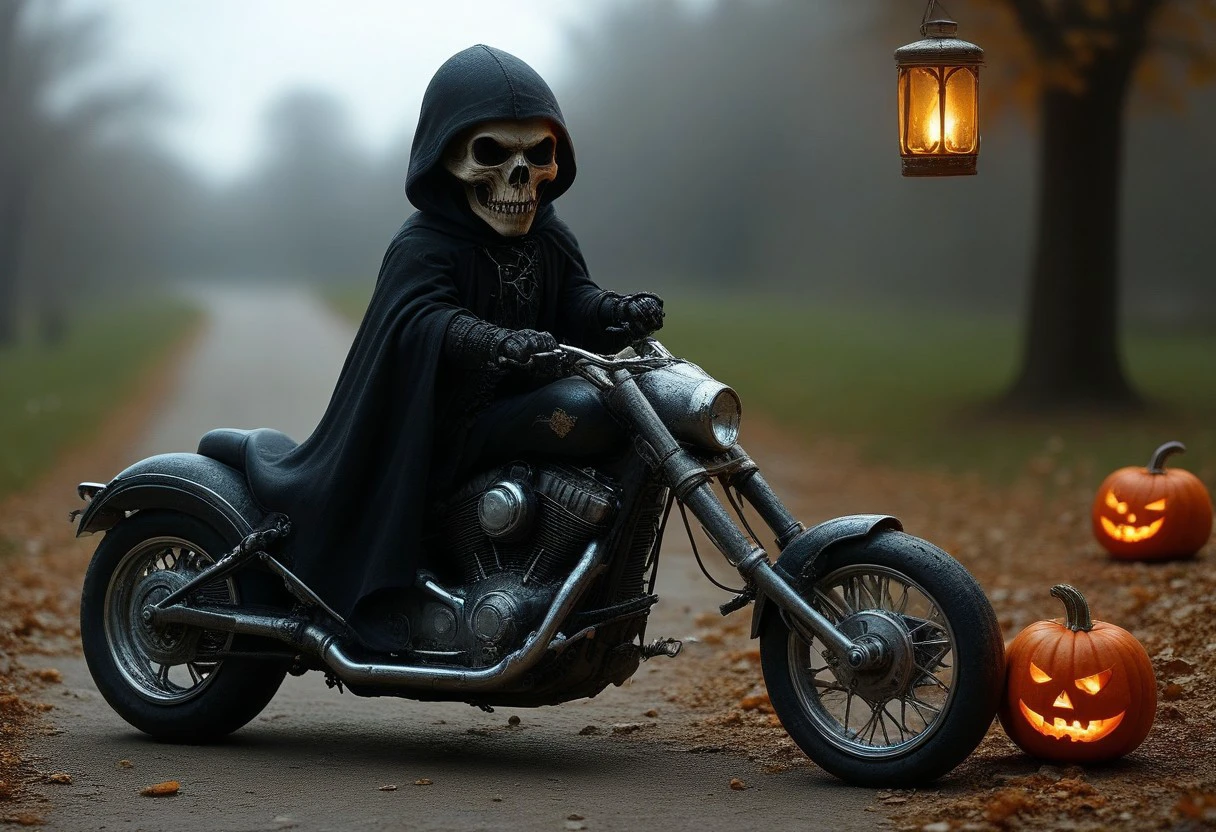 ultra realism, high quality, high definition 8K and higher, stable and accurate focus, ultra correct and accurate anatomy, super detail, many elements and details, on a Halloween themed image in a rock style ghost town. The moon illuminates the eerie street, along the street rockers dressed in skeleton costumes, with beards and mustaches, ride motorbikes, the motorbikes look eerie as if they were forged from the world of the dead, the mirrors of the motorbikes are in the shape of an eerie hand holding the mirror itself, the front headlight of the motorcycle in the shape of a glowing human skull, the elongated Harley Davidson-style handlebars made of iron chains, devil tails hanging from the sides of the handlebars, bats that accompany the rockers on the street. on the terraces of the residential buildings, pumpkins with carved faces glow like lanterns, skeletons in metal cages hanging in the air, hanging on the pillars and cobwebs cover the old buildings, hanging skeletons from the terraces and on the street lamp posts create an atmosphere of horror, mystery and excitement, it's like we've entered the world of the dead"
Colors: Orange, black, purple, dark blue, green.
Objects: Pumpkins, Broomsticks, Bats, Cobwebs, Cauldrons, Skeletons, Lattice Cages, Motorcycles, Lanterns, Graves, Coffins, Skulls and Bones, Gothic Style,
Emotions: horror, fear,
Atmosphere: Dark, mysterious, exciting. as if we are in the world of the dead
Styles: realistic, gothic, rock metal style