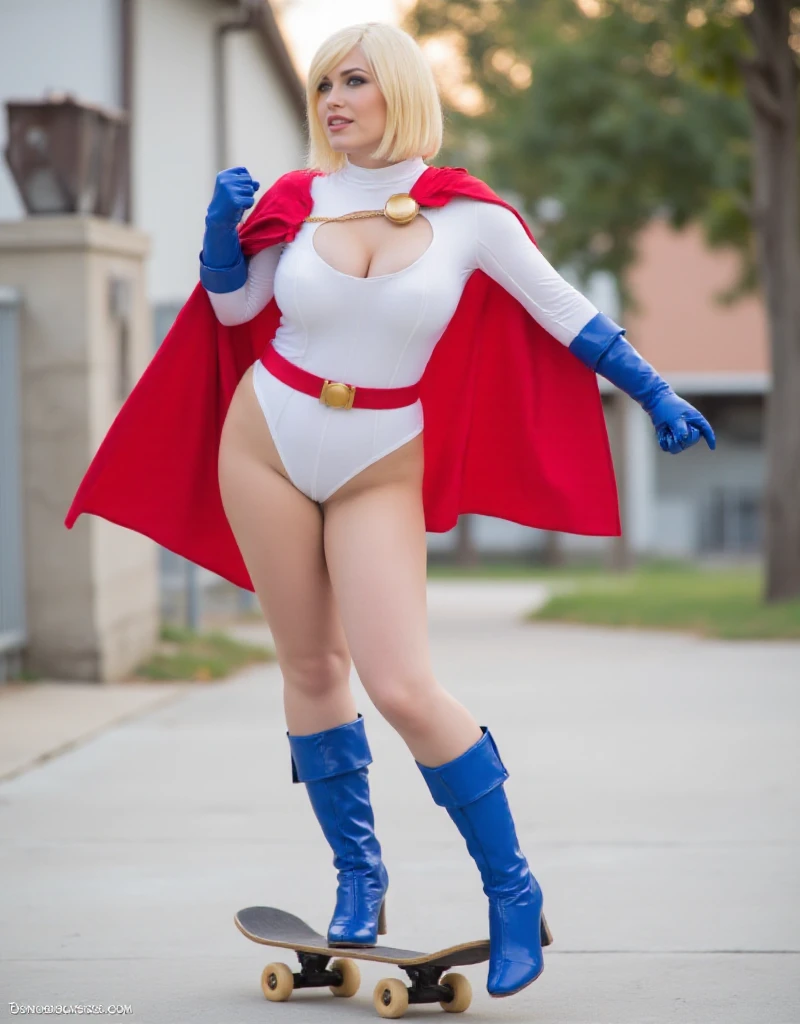 Powergirl is a blond woman wearing a white leotad with a cleavage cutout, a red cape a blue gloves and blue boots. She skateboarding fast in the street. Her cape is flying behind<lora:Powergirl:0.9>