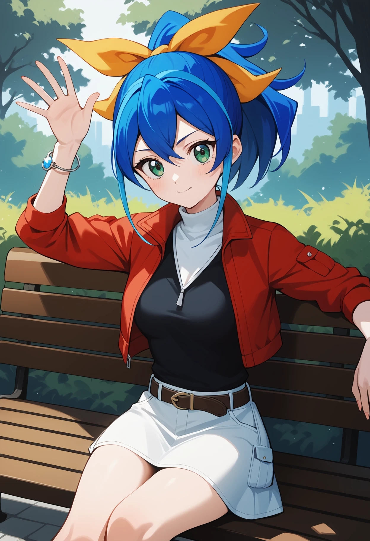 score_9, score_8_up, score_7_up, score_6_up, score_5_up, score_4_up, source_anime, bbserena, multicolored hair, blue hair, ponytail, hair bow, green eyes, breasts, black shirt, cropped jacket, red jacket, bracelet, belt, miniskirt, white skirt, <lora:serena_(yu-gi-oh!)_ponyxl_v1:0.9>, sitting, bench, waving, outdoors,