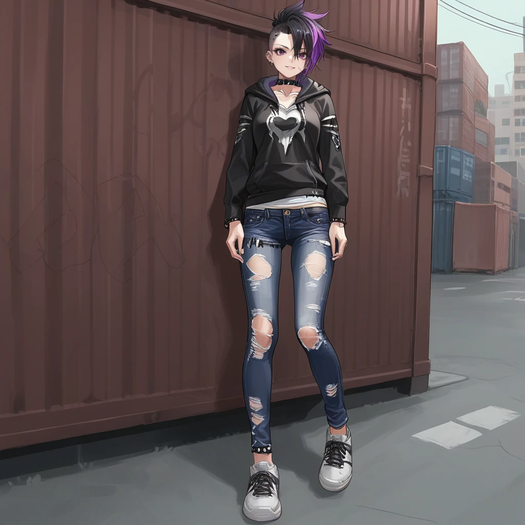 score_9, score_8_up, score_7_up, score_6_up, score_5_up, score_4_up, zPDXL2,source_anime,rating_questionable,solo, 1girl, looking at viewer, hoodie, ripped jeans, sneakers, punk, <lora:Shipping_Containers:0.8> sh1pcont4in, outdoors, shipping containers, urban,