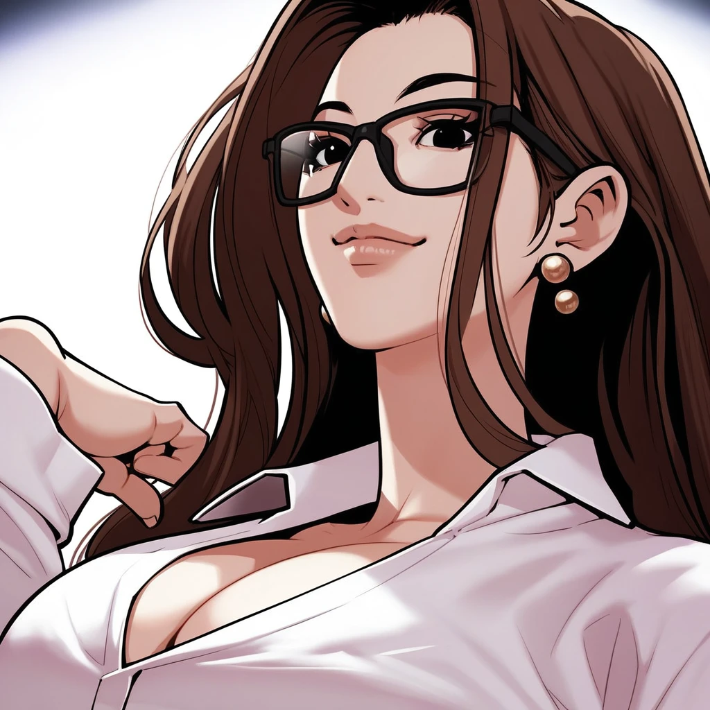 score_9, score_8_up, score_7_up, score_6_up, high res, high quality, great anatomy, good proportions, dynamic pose, 1girl, solo, serashin, brown hair, long hair, black eyes, large breasts, earrings, black glasses, looking at viewer, smile, upper body, office lady, white shirt, cleavage, from below, breasts focus