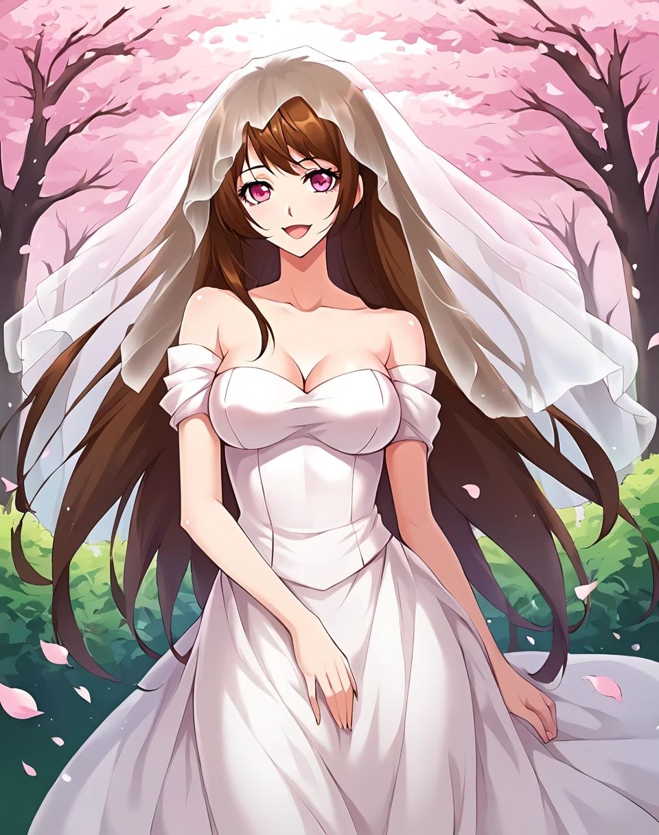 xiao_wu_manhua, adult, brown hair, very long hair, pink eyes, dress, veil, petals,  bridal veil, loose hair, white spirit dress BREAK outdoors, park, cherry blossom trees  BREAK looking at viewer, sexy face, sexy smile, open mouth, cowboy shot,  BREAK score_9, score_8_up, score_7_up, source_anime ,zPDXL, perfect hand,  <lora:Xiao_Wu:0.8>