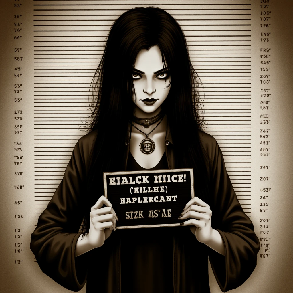 <lora:Mugshot style v1:0.9>
A Mugshot photo of a young gothic witchcraft woman holding a sign in front of a mug behind a mugshot wall,1girl,solo,long hair,looking at viewer,black hair,holding,monochrome,choker,english text,lips,scar,messy hair,sign,sepia,holding sign,height chart ,  mugshot style