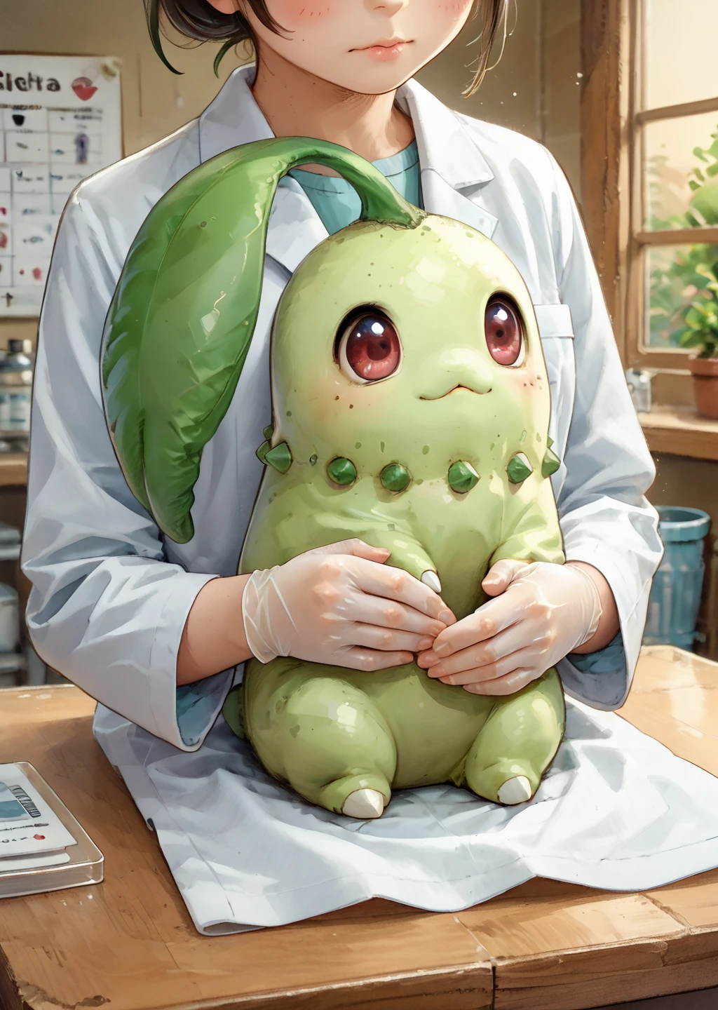 score_9, score_8_up, score_7_up, score_6_up, score_5_up, score_4_up, vetcheck, human, 1girl, veterinarian, lab coat, rubber gloves, inspection, hands, holding animal, animal focus, inspection table, cute female furry feral chibi chikorita, green skin, no fur, sitting, nervous, high angle, nature background, source_furry <lora:Chikorita:1> chikorita, pokemon (creature)  <lora:Veterinarian_inspection:0.7>