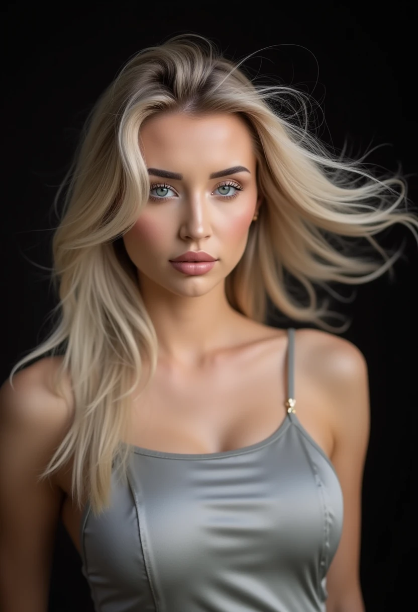 The image is a high-resolution photograph of a young woman with long, wavy, platinum blonde hair that flows dramatically around her face, creating a sense of movement and depth. Her hair appears almost ethereal, illuminated by soft, diffused light that highlights its texture and luminosity. The woman has a fair complexion and striking blue eyes, which are gazing directly at the camera with a serious, almost contemplative expression. She is wearing a sleeveless, light grey, satin-like top that hugs her slender shoulders and upper chest, subtly accentuating her figure. The background is a dark, almost black gradient, which contrasts sharply with her hair and skin, making her the focal point of the image. The lighting is soft yet dramatic, casting gentle shadows that add depth and dimension to her features. The overall style of the photograph is artistic and elegant, with a focus on the subject’s facial expression and the intricate details of her hair and clothing. The photograph captures a moment of serene beauty and intense introspection. M1K4YL4