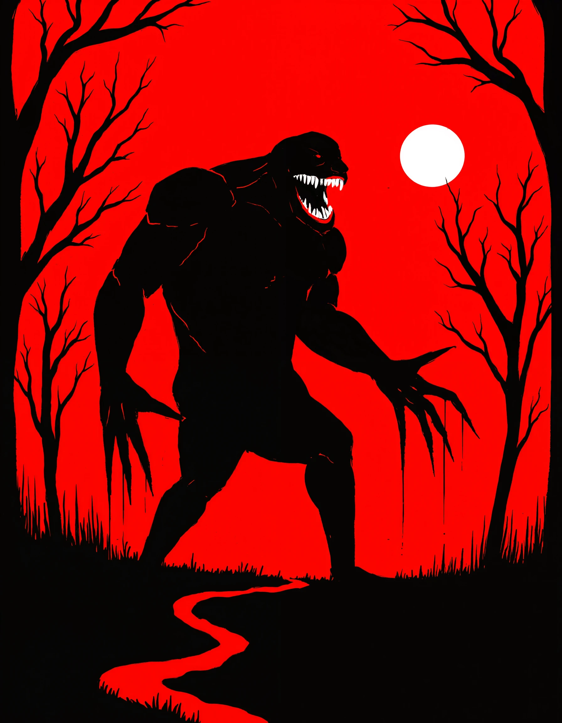 i see red, In the dead of night, a monstrous silhouette stalks the edges of a forgotten forest, its hulking frame barely visible against the jet-black trees. The only color is the searing red of its jagged, tooth-filled grin, a grin that stretches impossibly wide, splitting its face in two. Its eyes are hollow, empty voids, yet they follow every movement in the distance. The creature moves on all fours, its elongated arms and legs moving with an unnatural, predatory grace. Its claws dig deep into the earth, leaving behind trails of blood and blackened soil wherever it passes. Around it, the air seems to ripple, as if reality itself is bending in the creature’s presence. The trees warp and twist in its wake, their black bark peeling away to reveal glistening, sinewy flesh underneath. Above, the sky is a flat, oppressive red, casting long, distorted shadows across the forest floor. The beast never stops grinning, even as it moves closer to its prey, its teeth glistening like sharpened blades waiting to tear through flesh.