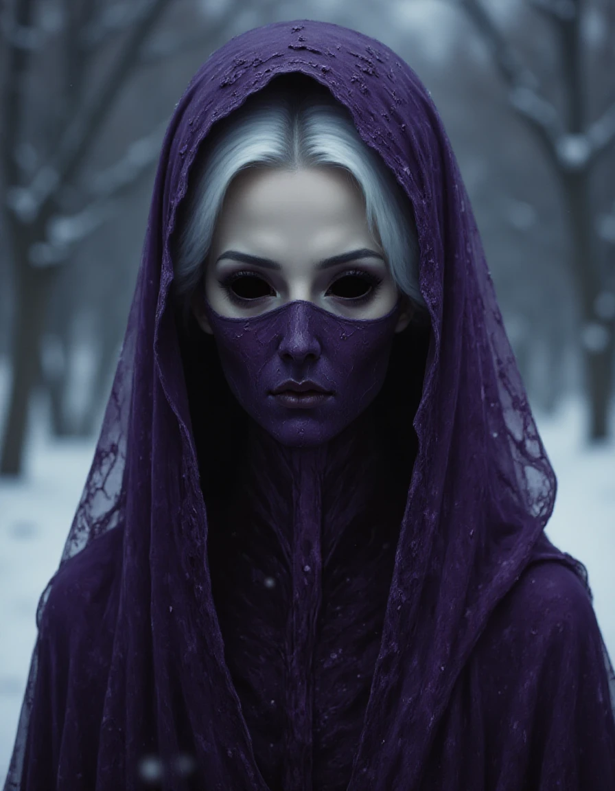 ((black hollow eyes)), photorealism, ultrarealism, photograph of the face of a cute woman,Asian woman, in a dark purple cape made of thin translucent fabric covering her face, oriental patterns and ornaments, oriental embroidery with small beads and pendants,  white shiny hair, blizzard in the background, slight profile, <lora:Hollow_Eyes_Portrait_Flux_V2:1.2>