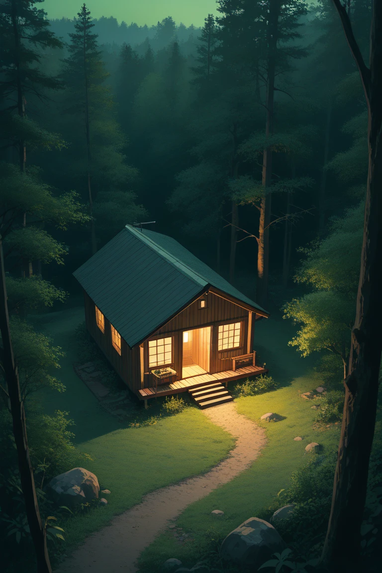 score_9, score_8_up, score_7_up, source_anime, rating_safe, night, dark, natural lighting, forest cabin focus, CandiFC, no humans, CandiFC_1stclutter, from above, negative space, scenery, intricately detailed illustration, depth of field, atmospheric perspective, green theme