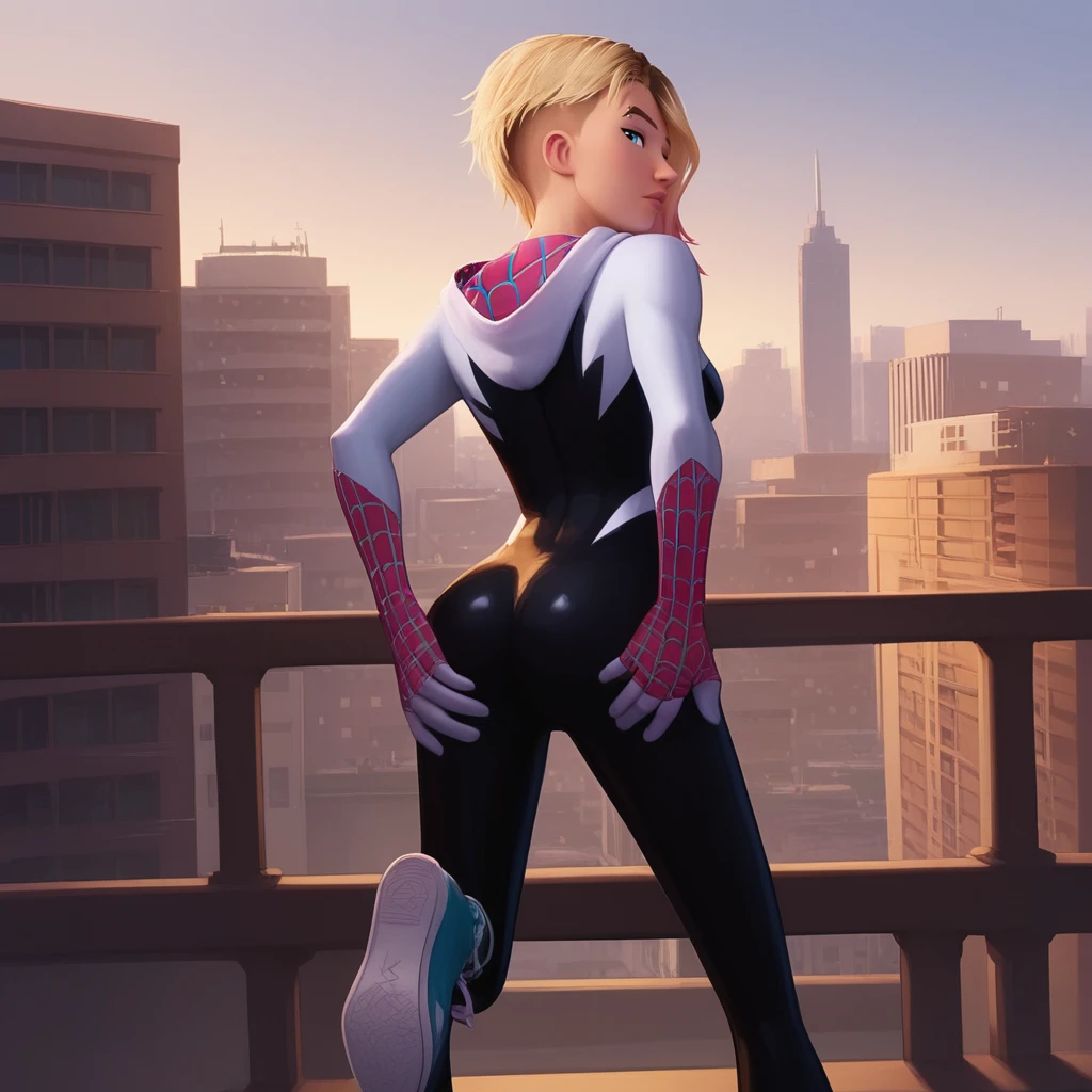 score_9, score_8_up, score_7_up, score_6_up, score_5_up, score_4_up, realistic, rooftop,  building, railing, looking at the horizon, <lora:Gwen_Stacy-000007:0.8>, gwen1, 1girl, breasts, short hair, blue eyes, blonde hair, pink hair, bodysuit, piercing, asymmetrical hair, spider web print, eyebrow piercing, hooded bodysuit, sneakers, BREAK <lora:Expressive_H-000001_Pony:0.7> , Expressiveh, looking at viewer, half-closed eyes, ass, from behind, ass grab, looking back,