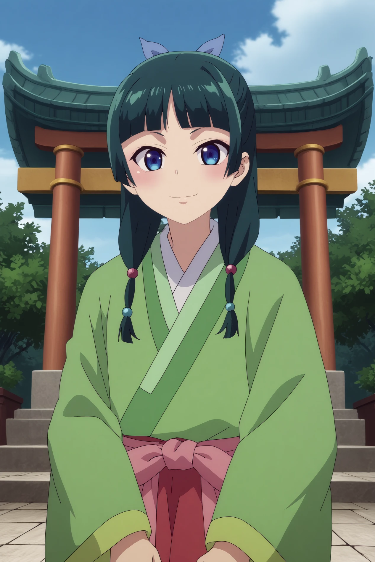 maomao,1girl,solo,japanese clothes,long hair,looking at viewer,bangs,kimono,hair ornament,blunt bangs,twintails,smile,jewelry,makeup BREAK outdoors,old japon city,torii,under torii,sakura flowers,Japanese architecture,japanese temple,consistent background   Posing with hands on thighs,  <lora:MaoMao.safetensors:0.8>