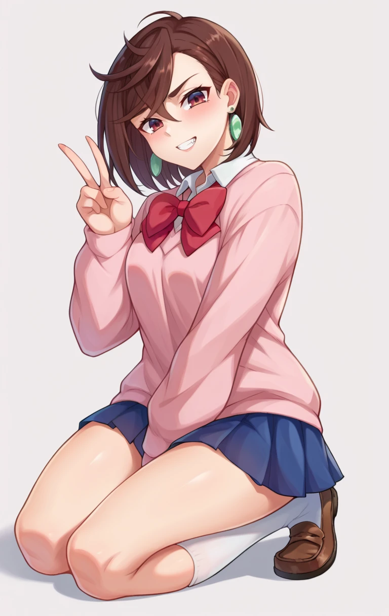 score_9,score_8_up,score_7_up BREAK <lora:ayasemomo:1>,ayasemomoDANDADAN,1girl,solo,looking at viewer,smile,short hair,skirt,brown hair,bow,brown eyes,jewelry,school uniform,pleated skirt,earrings,miniskirt,bowtie,red bow,sweater,blue skirt,cardigan,loafers,lpink sweater,cowboy shot,kneeling,v,