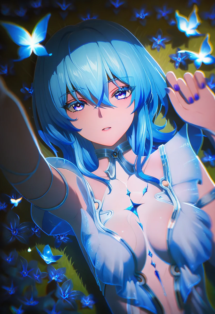 score_9, score_8_up, score_7_up, wuwax quality,
shorx1, 1girl,  aqua hair, gradient eyes, outfit_2, keepx2_dress, calm expression, breasts, looking at viewer, purple nails, close-up, lying, upper body, on back, top-down angle, depth of field, dutch angle, chromatic aberration, floating butterfly, reaching towards viewer, outstretched arm, arm behind head,  mystical floral field, dark atmosphere
 <lora:shorekeeper:0.8>