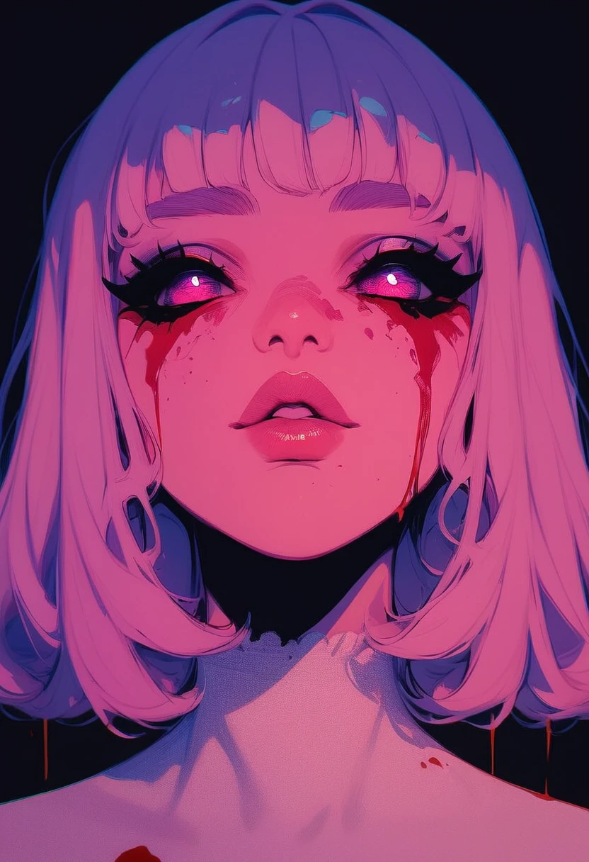 score_9, score_8_up, score_7_up, score_6_up, glshs, 1girl, solo, blood, looking at viewer, blood on face, portrait, bangs, parted lips, black background, pink eyes, lips, partially illuminated