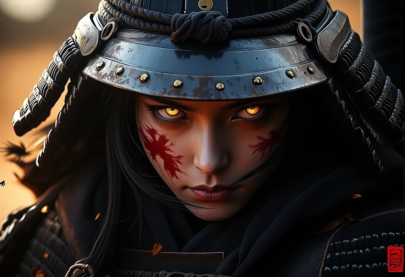 . A close-up of a female Samurai with focused eyes with battle-worn armor pieces and soft sunlight., <lora:bv-crimson-ronin-style-v1.safetensors:1.0:1.0>