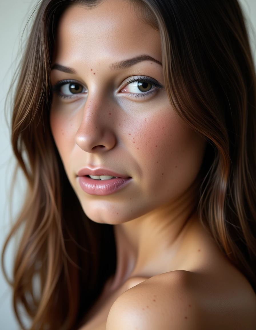 close up portrait photo of a beautiful woman, she has sleek long hair, her skin has a high detailed texture and shows details like moles, small hairs and pores and she is dressed in __OutfitHirstoric__. Her expression is  cool as ice. With a natural lighting. <lora:shantellora-000012:1.1>