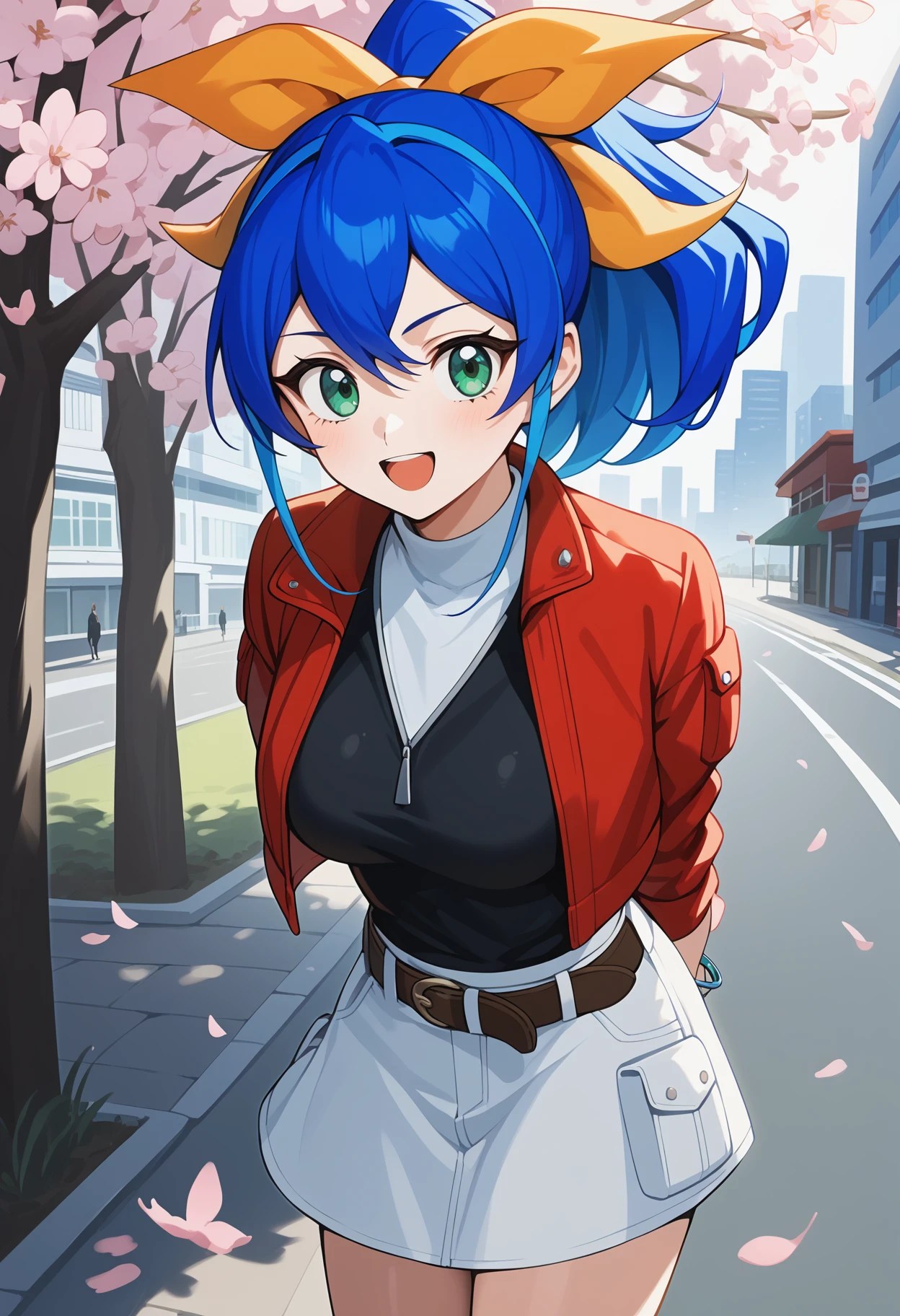 score_9, score_8_up, score_7_up, score_6_up, score_5_up, score_4_up, source_anime, bbserena, multicolored hair, blue hair, ponytail, hair bow, green eyes, breasts, black shirt, cropped jacket, red jacket, bracelet, belt, miniskirt, white skirt, <lora:serena_(yu-gi-oh!)_ponyxl_v1:0.9>, arms behind back, leaning forward, standing, outdoors, open mouth, cherry blossoms, smile, city, road,