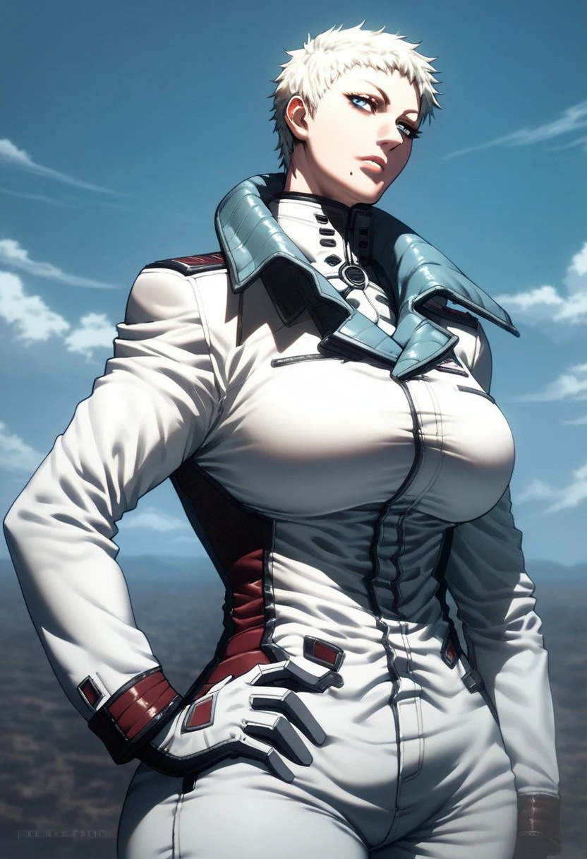 Score_9, score_8_up, score_7_up, score_6_up, score_5_up, score_4_up, 1girl, solo, ElenaP, Human Female, Short Hair, White Hair, Blue Eyes, Mole, Mole Under Mouth, White Uniform, Military Uniform, White Pants, hand on hip, blue sky, clouds, looking at viewer, large breasts, curvy