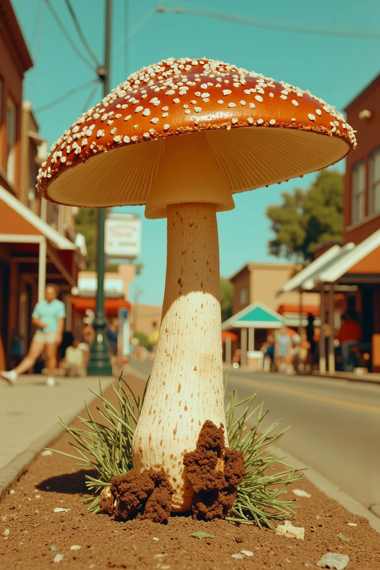 sabcexpro style,
Mushroom at Small town main street and parade , 
 <lora:clips_espresso_sabcexpro_style:1>