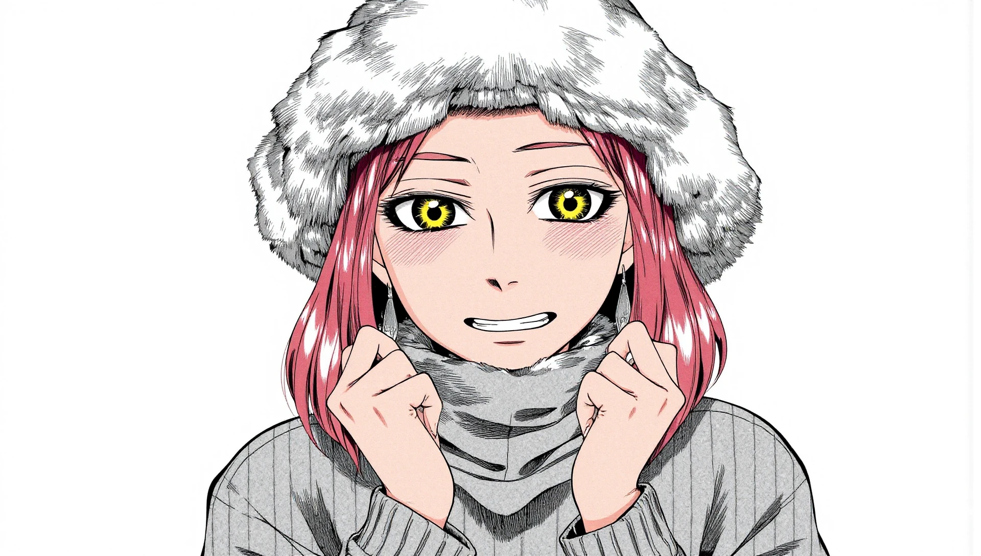 manga , In a striking portrait, a young girl captures attention with her unique and vibrant appearance. Her hair is a stunning blend of colors, featuring streaks of pink and white that cascade down in a two-tone style. The multicolored locks frame her face beautifully, drawing the eye to her expressive features. She wears a cozy grey turtleneck sweater that adds a touch of warmth to her look, perfectly complementing her playful personality.
Her heterochromia is particularly captivating, with one eye a vivid red and the other a bright yellow, creating a mesmerizing contrast that adds depth to her expression. The ringed pattern around her eyes enhances their allure, making her gaze both intriguing and inviting. She looks directly at the viewer, her clenched teeth revealing braces that give her a youthful charm, while her earrings add a touch of sparkle to her overall appearance.
A fur hat sits snugly atop her head, providing a stylish accent to her outfit. The hat not only keeps her warm but also adds a playful element to her look, showcasing her fun sense of style. The simple white background allows her vibrant features and colorful hair to stand out, ensuring that all attention is focused on her.
In addition to her striking facial features, she sports a nose piercing that adds an edgy touch to her appearance. The jewelry she wears, including earrings and possibly rings, reflects her individuality and flair for fashion. The overall composition of the portrait is high-resolution, capturing every detail from the texture of her sweater to the glint of her accessories.
Overall, this portrait beautifully encapsulates the essence of a young girl who embraces her uniqueness with confidence. Her playful expression, combined with her eclectic style and captivating eyes, creates a memorable image that resonates with themes of self-expression and individuality., , manga