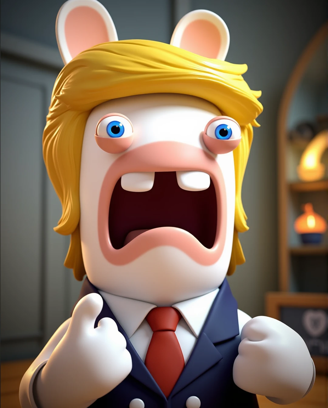 a 3d cartoon of a rabbids as Donald Trump with blonde hair shouting