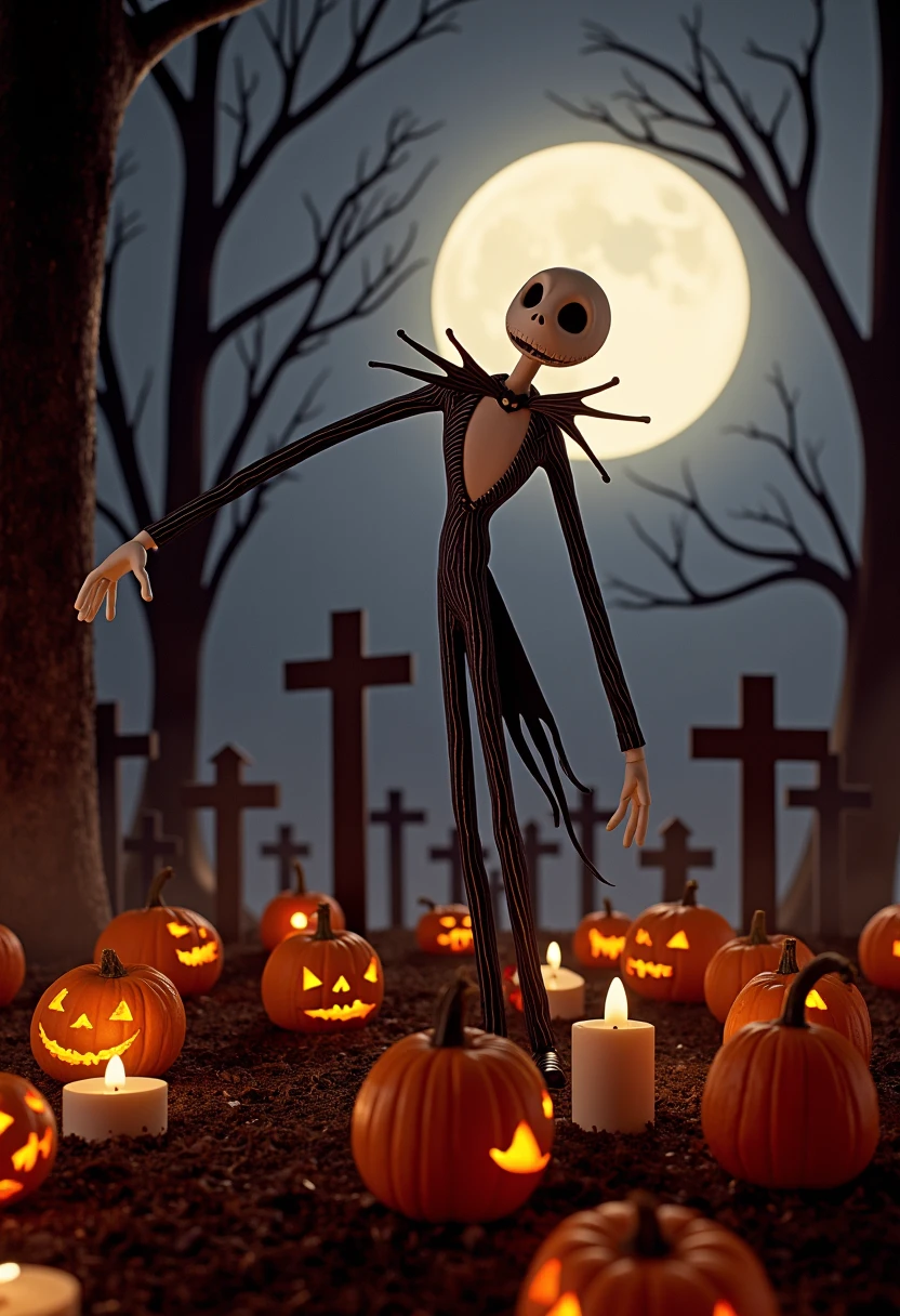 JS p3rs0n from The Nightmare Before Christmas dancing and singing, in a eerie cemetary with pumpkins and candles, fog, moonlight,