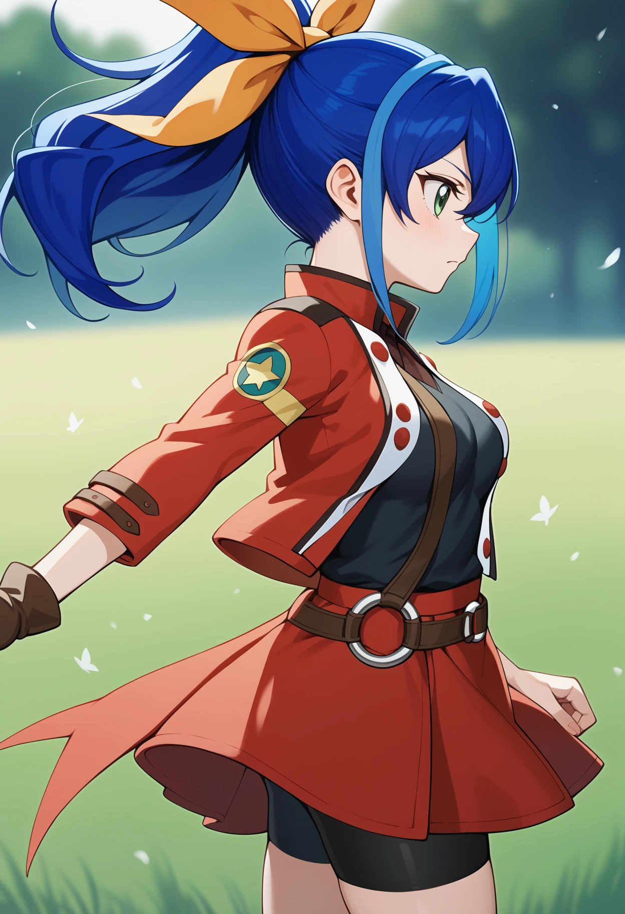 score_9, score_8_up, score_7_up, score_6_up, score_5_up, score_4_up, source_anime, aaserena, multicolored hair, blue hair, ponytail, hair bow, green eyes, breasts, black shirt, red jacket, single glove, fingerless gloves, brown gloves, buttons, belt, o-ring, shorts under skirt, red skirt, bike shorts, <lora:serena_(yu-gi-oh!)_ponyxl_v1:0.9>, from side, wind, field, looking at another, standing, cowboy shot, solo,