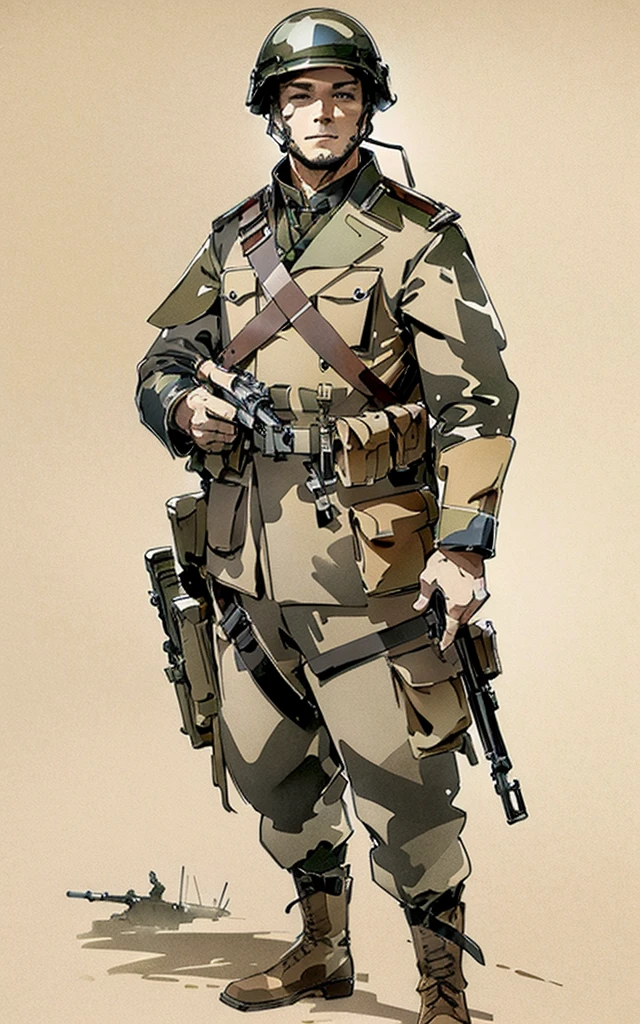 best quality,masterpiece
 <lora:neg9V2_last:0.25> 
  <lora:colormaker_V03:1>  fast sketch, traditional media,vivid color  by maker, military uniform, ,Steel helmet, battledress, trousers, webbing, SMLE rifle at  garrison