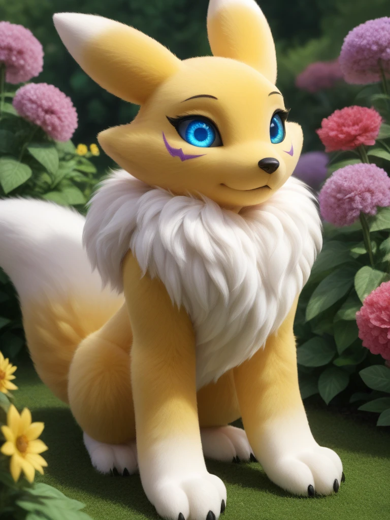 intricate detail, cinematic, render, detailed eyes, large eyes, realistic,
3d fluffy, 
closeup, cute and adorable,
(renamon), soft fur, long fuzzy fur, fuzzy tail, yellow fur,
flower garden,
<lora:Renamon_XL:1>, intricate details, extreme detail, Detailed face, beautiful, Expressive, 
very aesthetic, colorful, lots of small parts, surreal, abstract,