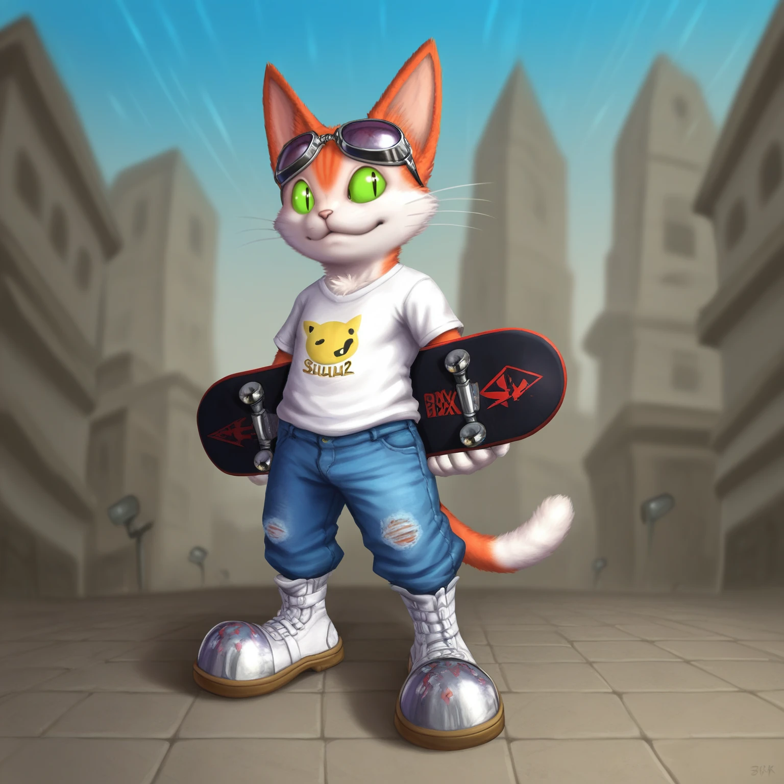 zPDXL,score_9,score_8_up,score_7_up,<lora:Pony_DetailV2.0:1.5>,absurd res,source_furry BREAK blinx,domestic cat,green eyes,orange fur,white fur,<lora:blinx:1>,jeans,skateboard,outside,sunglasses,t-shirt,sneakers,